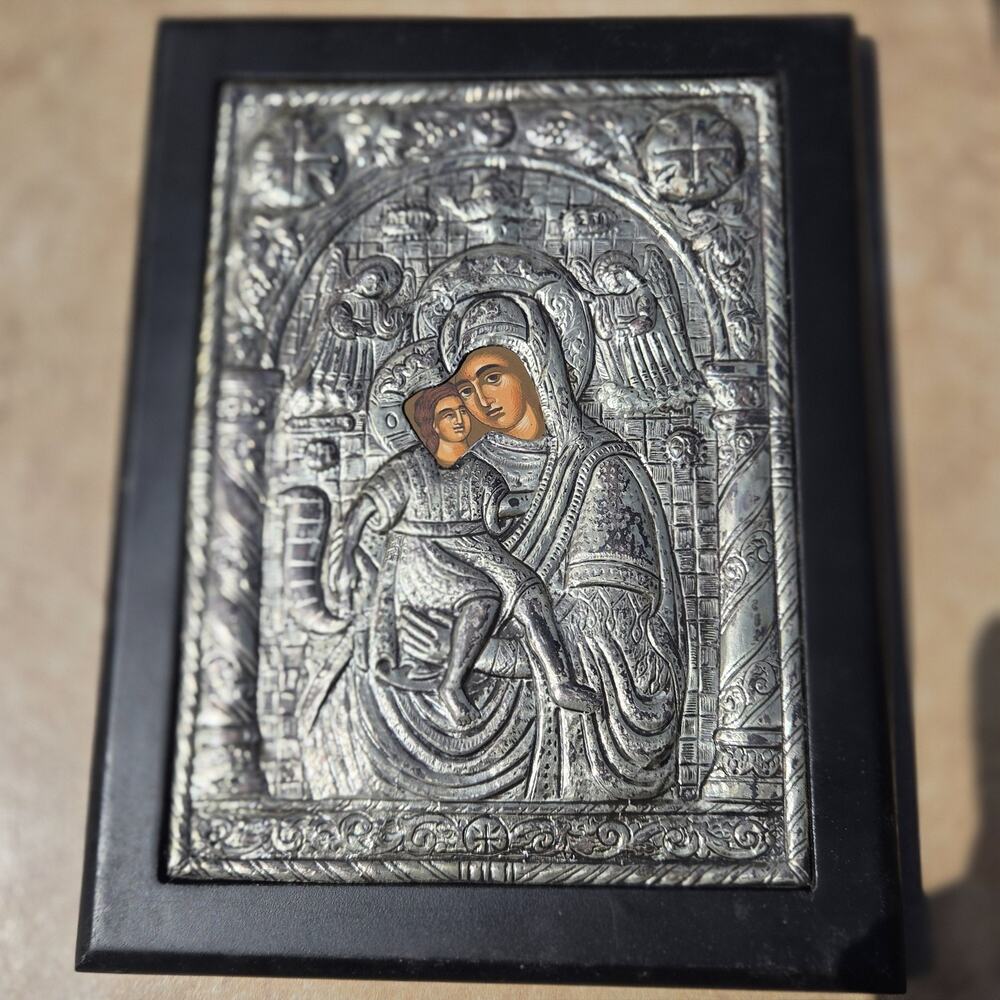 Greek Orthodox Icon Axion Estin Virgin Mary Pure .998 Silver Georgiadis Wood
